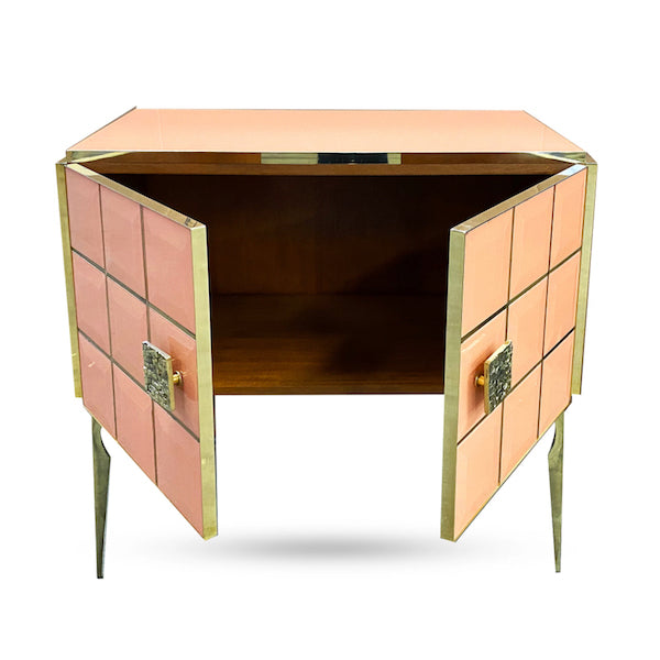 Modern Italian Custom Art Deco Style Royal Pink Glass Brass Edged Cabinet /Bar