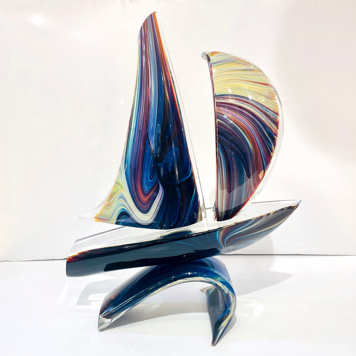 2015 Italian Yellow Blue Brown Crystal Murano Glass Boat Modernist Art Sculpture