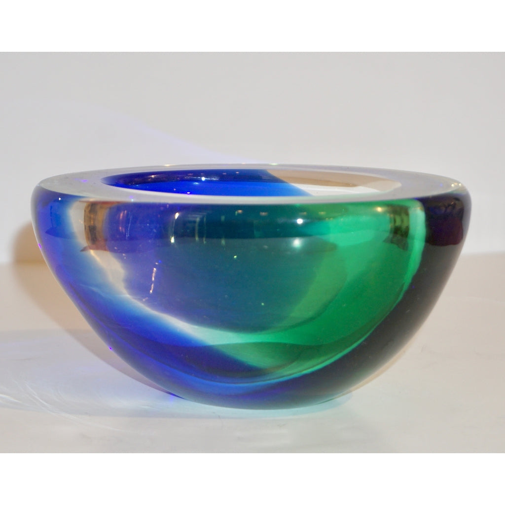 Venini 1970s Italian Murano Glass Geometric Oval Blue Green Murano Glass Bowl