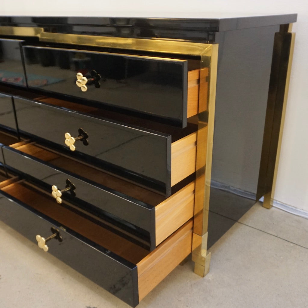1970s Italian Vintage Studio A Brass & Black Lacquer 12-Drawer Dresser/Sideboard
