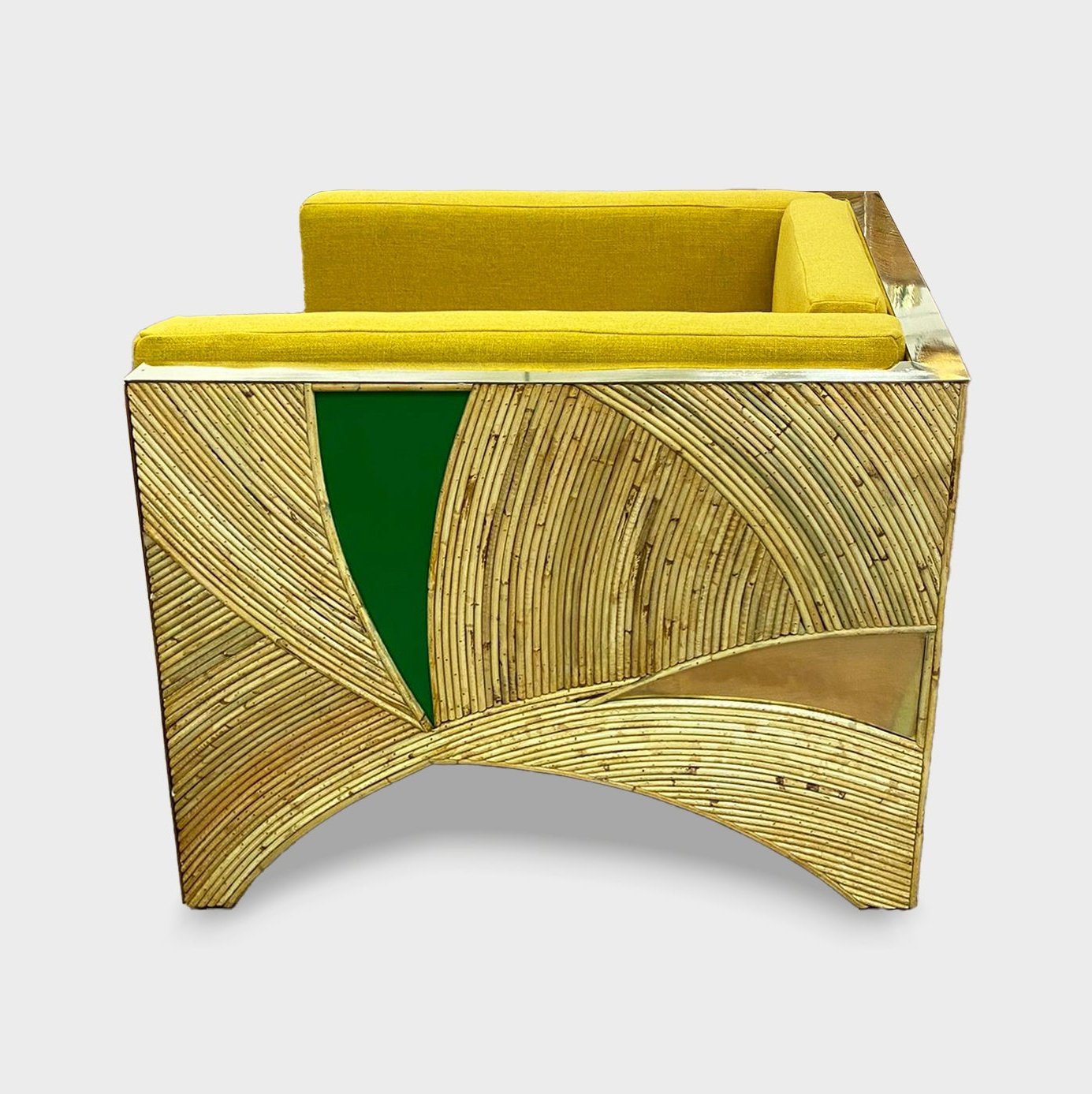 Contemporary Italian Rattan Armchair with Green Brass Details & Yellow Fabric