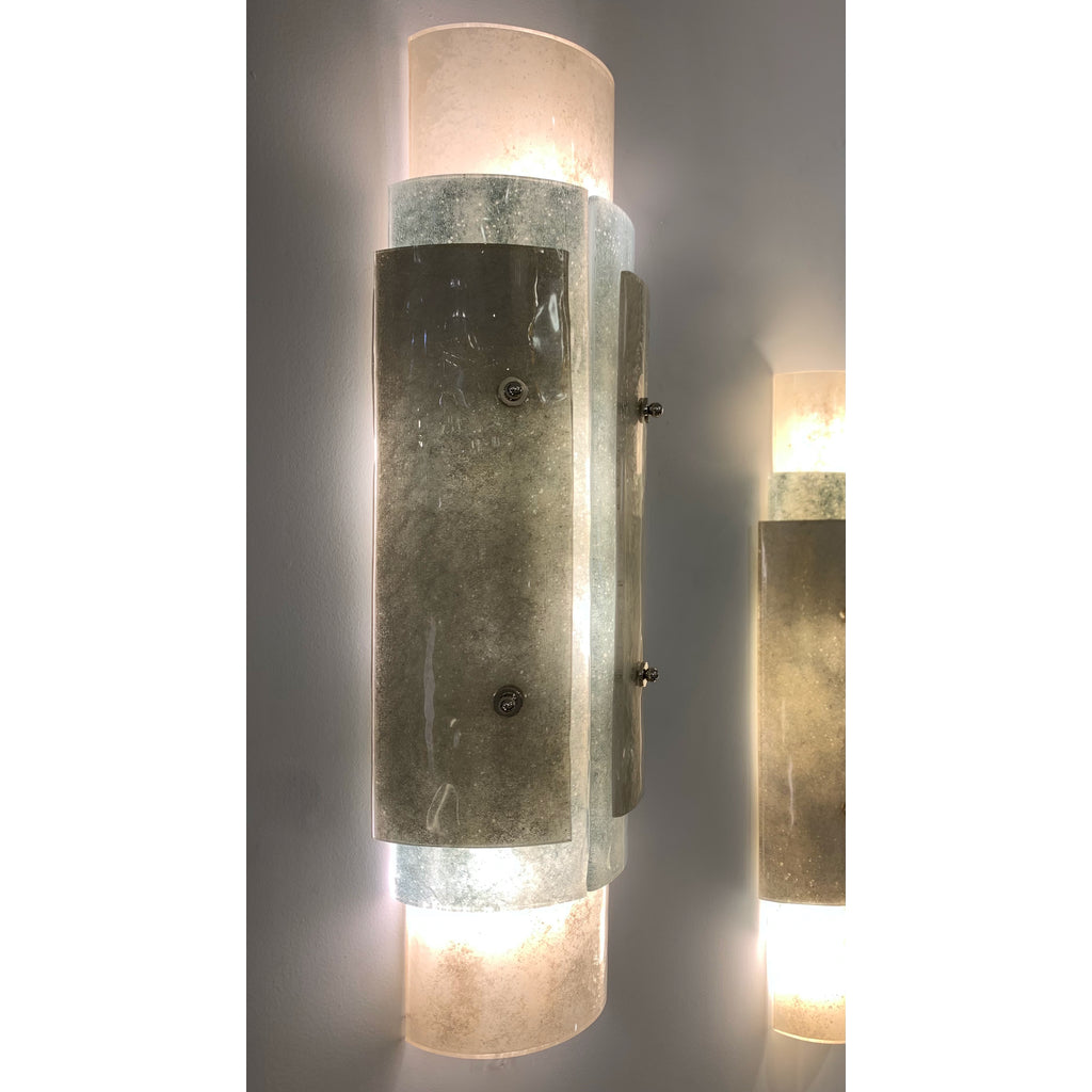 Contemporary Italian White Blue Grey Frosted Murano Glass Nickel Wall Lights