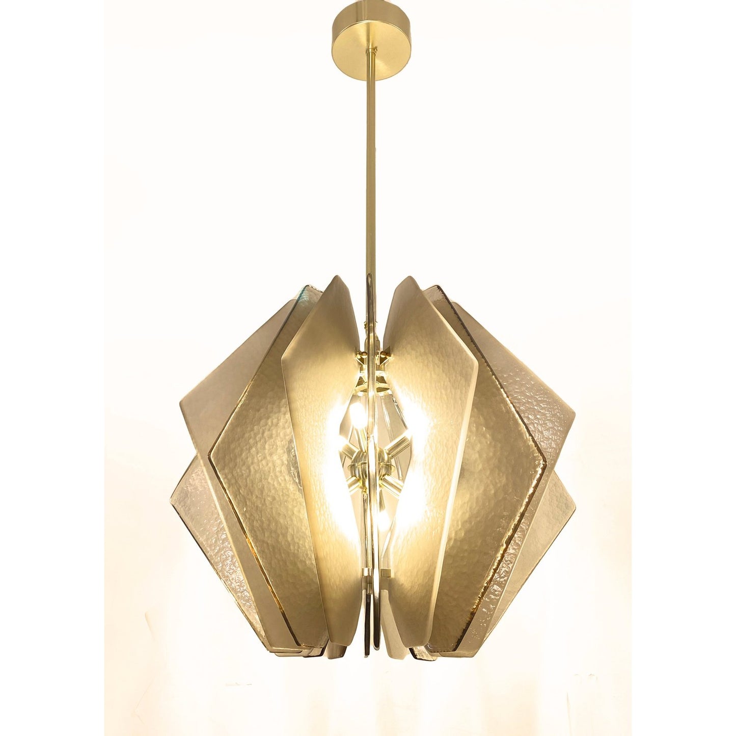 Contemporary Italian Beige Textured Murano Glass Satin Brass Pendant/Chandelier