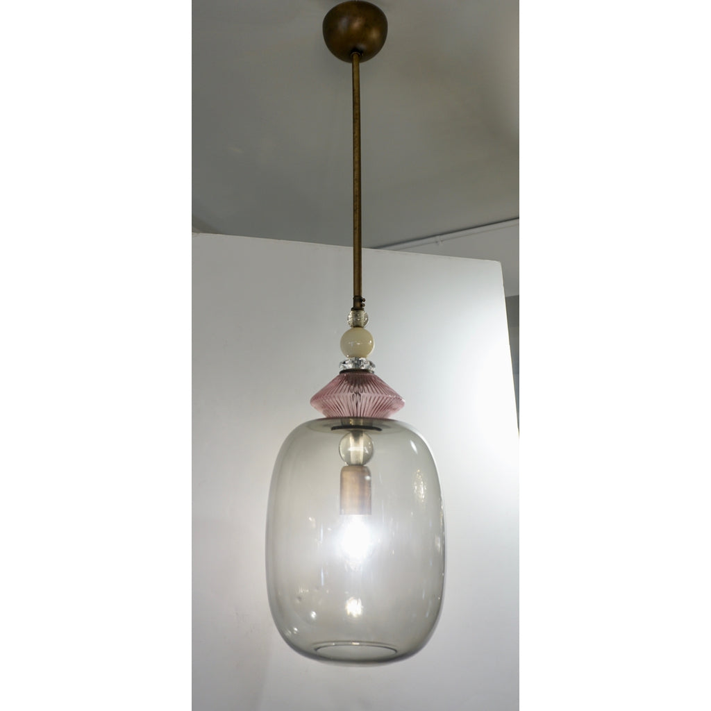 Custom Italian Purple Crystal Gold and Gray Smoked Murano Glass Pendant Light
