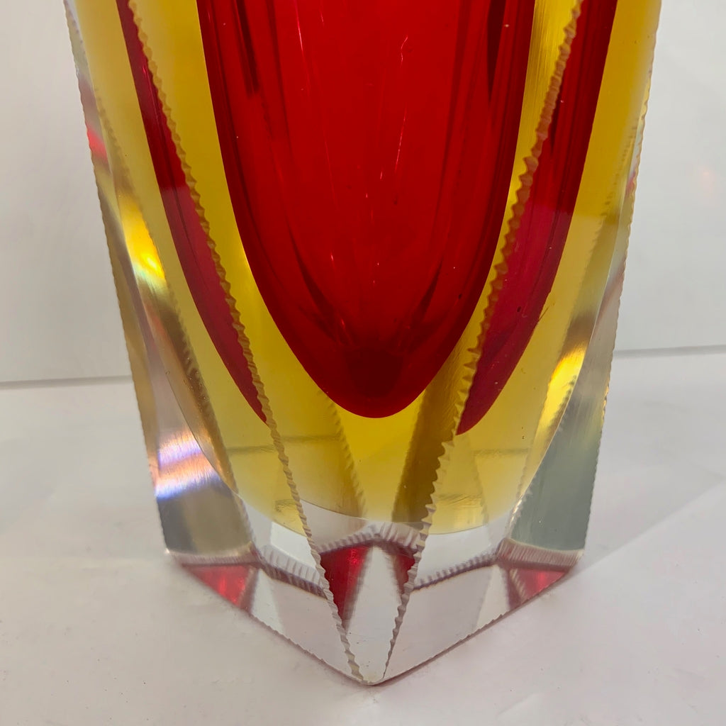 1950s Italian Vintage Seguso Yellow Red Crystal Murano Glass Multi Faceted Vase