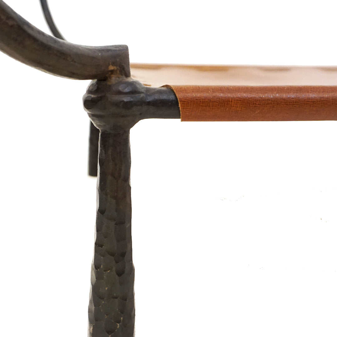 1970 Banci Vintage Italian Wrought Iron Brown Leather Square Glass Coffee Table