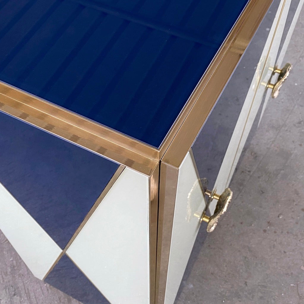 Bespoke Italian Art Design Brass White & Dark Blue Glass 2-Door Highboy Cabinet