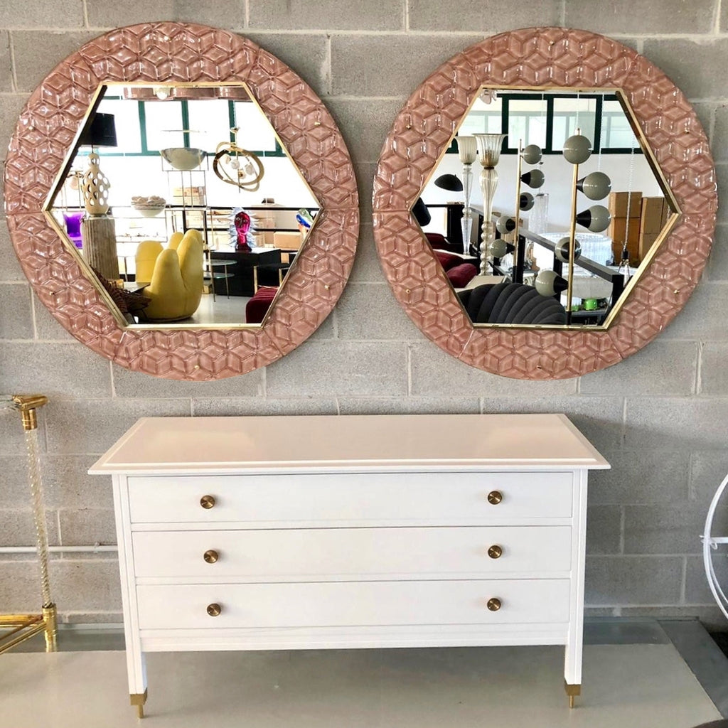 Bespoke Italian Custom Brass and Embossed Pink Murano Glass Modern Round Mirror
