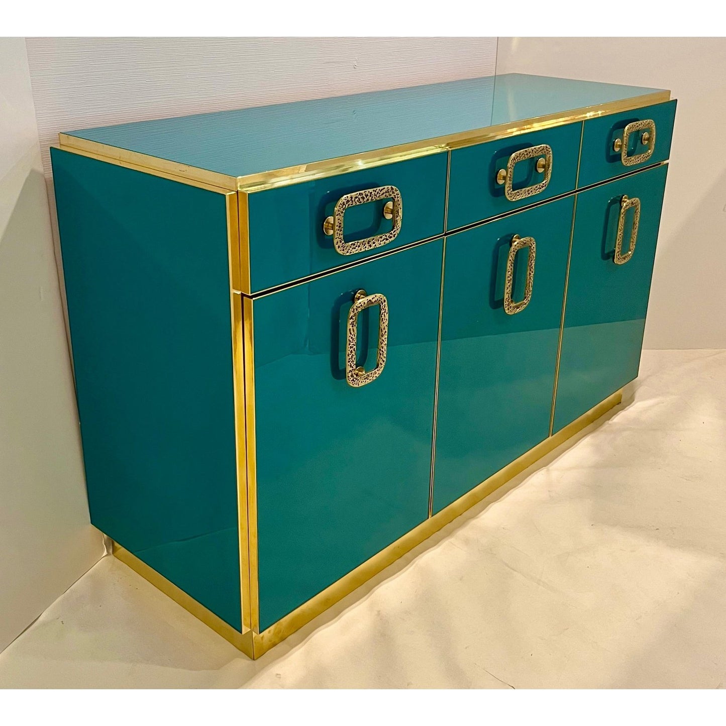 Bespoke Italian Art Design Brass Metallic Emerald Blue Glass Dresser Sideboard