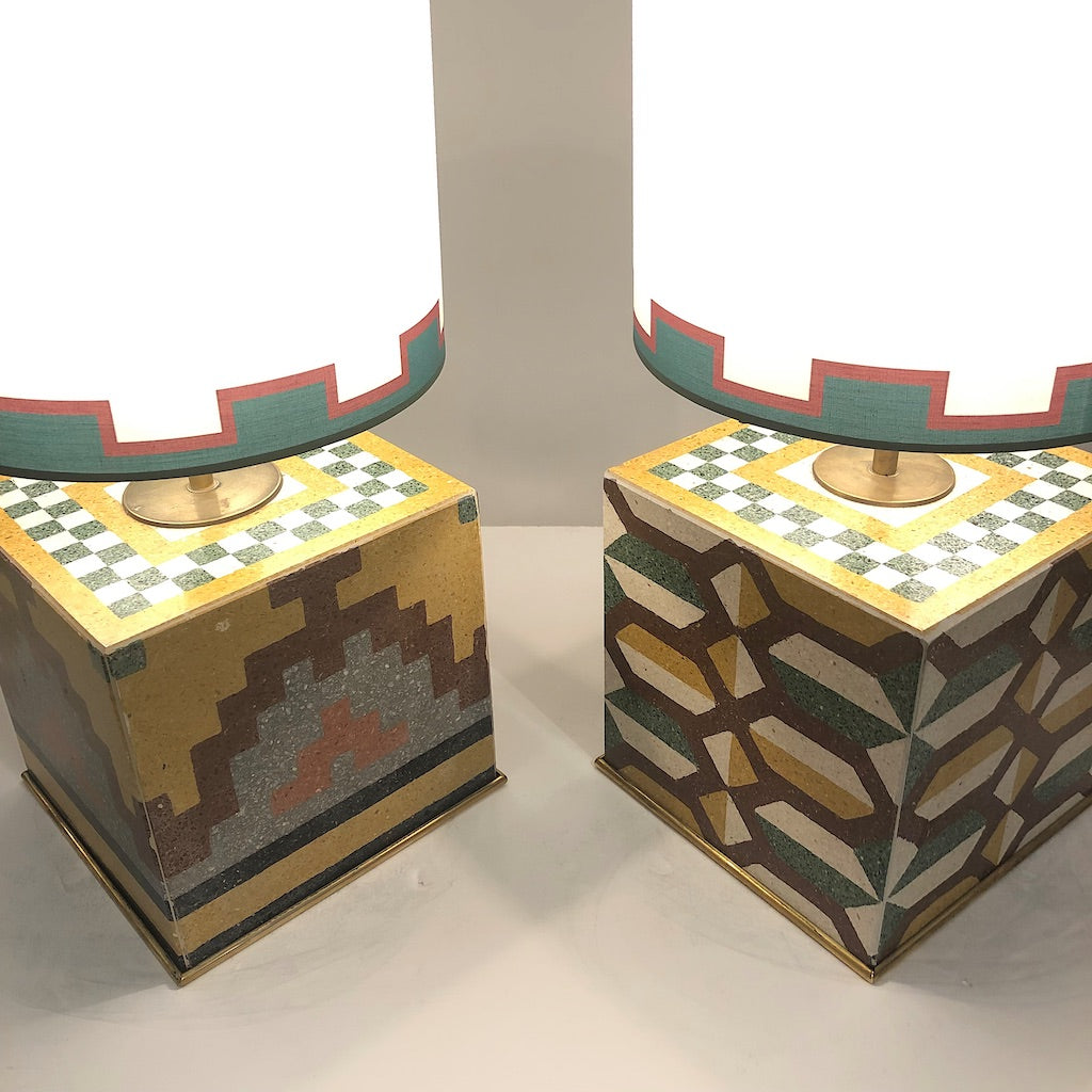 Vintage Pair of Italian Mosaic Cement Tile Cube Lamps with Custom Shades