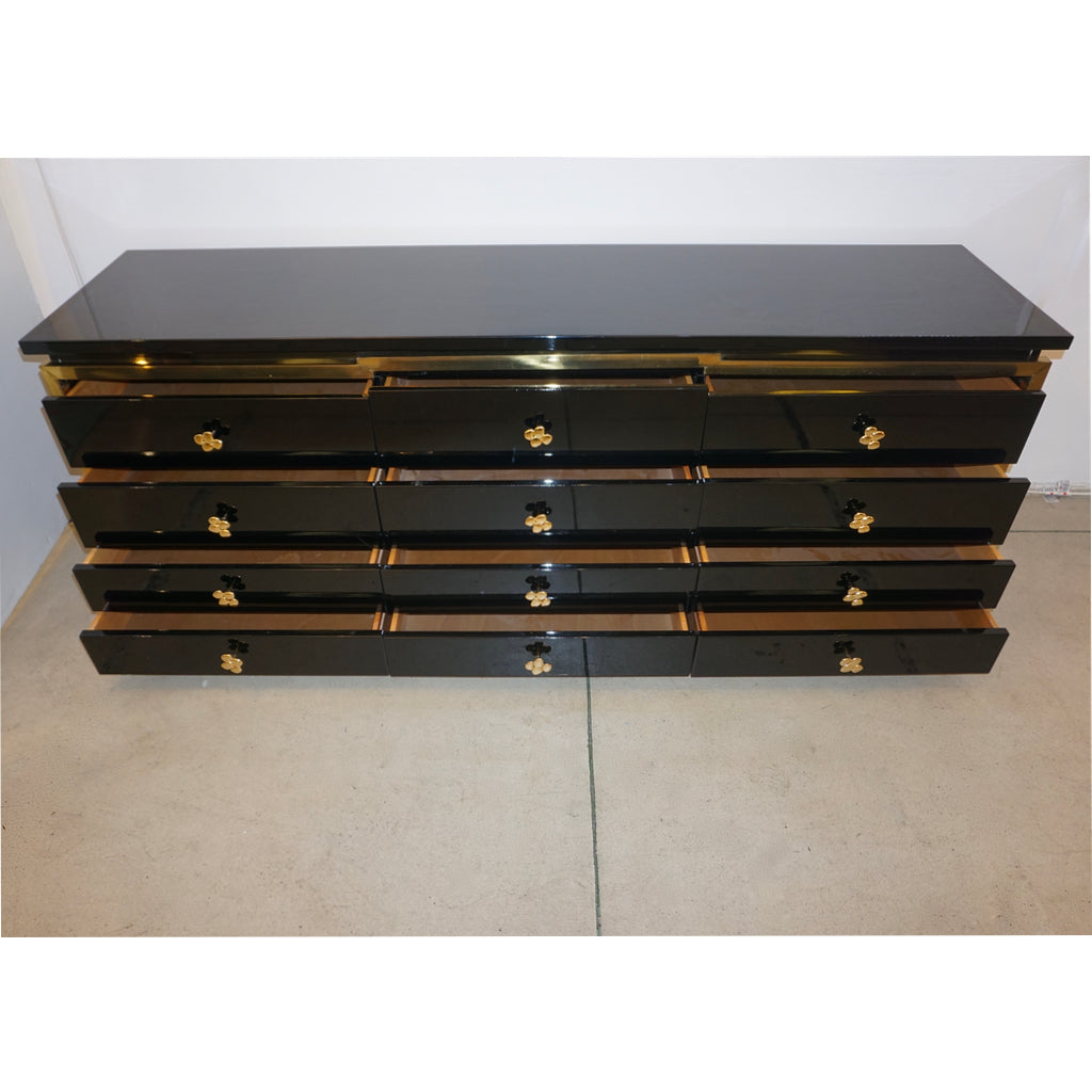 1970s Italian Vintage Studio A Brass & Black Lacquer 12-Drawer Dresser/Sideboard