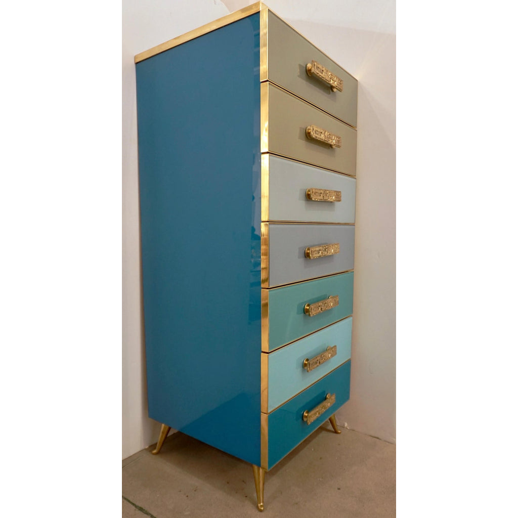 Bespoke Italian Art Deco Design Blue Taupe Gray Glass 7-Drawer Dresser Semainier