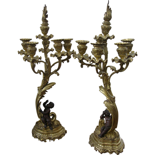 1870s Antique French Pair of Napoleon III Bronze and Ormolu Candelabra - Cosulich Interiors & Antiques