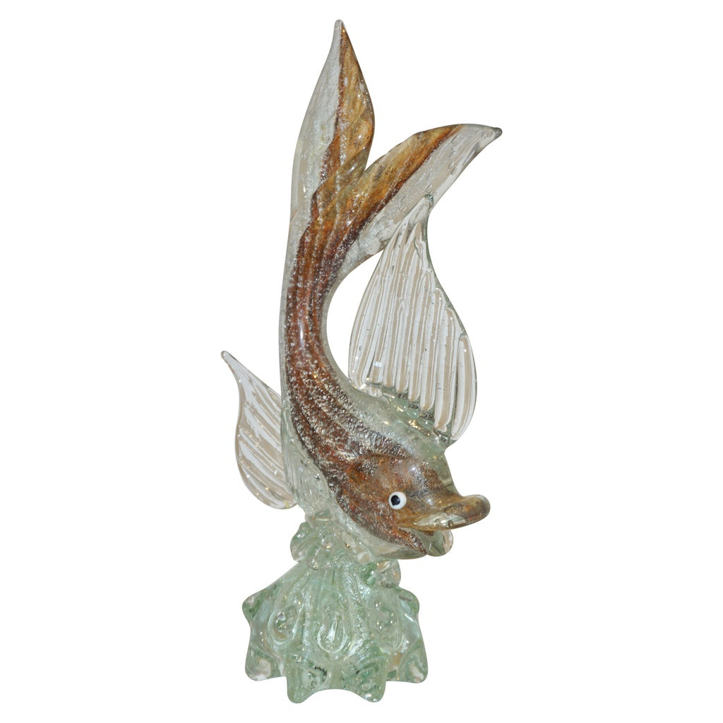 Murano Sommerso Amber and Silver Flecks Art Glass Fish Sculpture