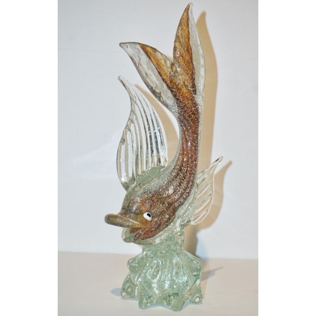 Murano Sommerso Amber and Silver Flecks Art Glass Fish Sculpture