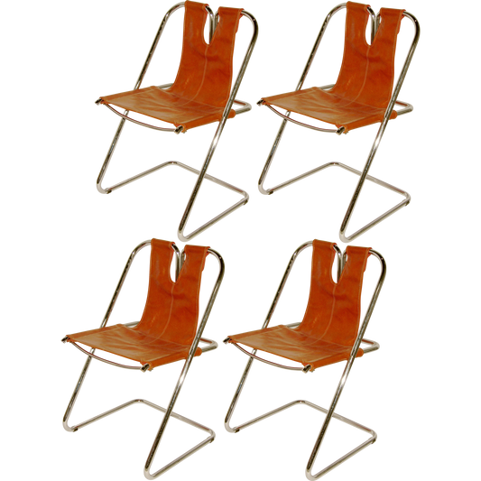 1960s Italian Set of Four Hand-Stitched Leather and Chrome Chairs - Cosulich Interiors & Antiques