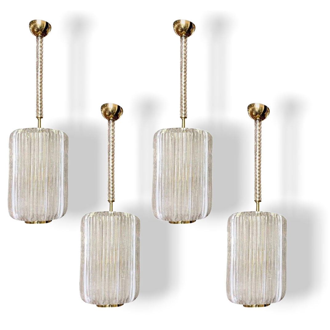 Contemporary Italian Vintage Design Crystal Murano Glass Brass Cylinder Lantern