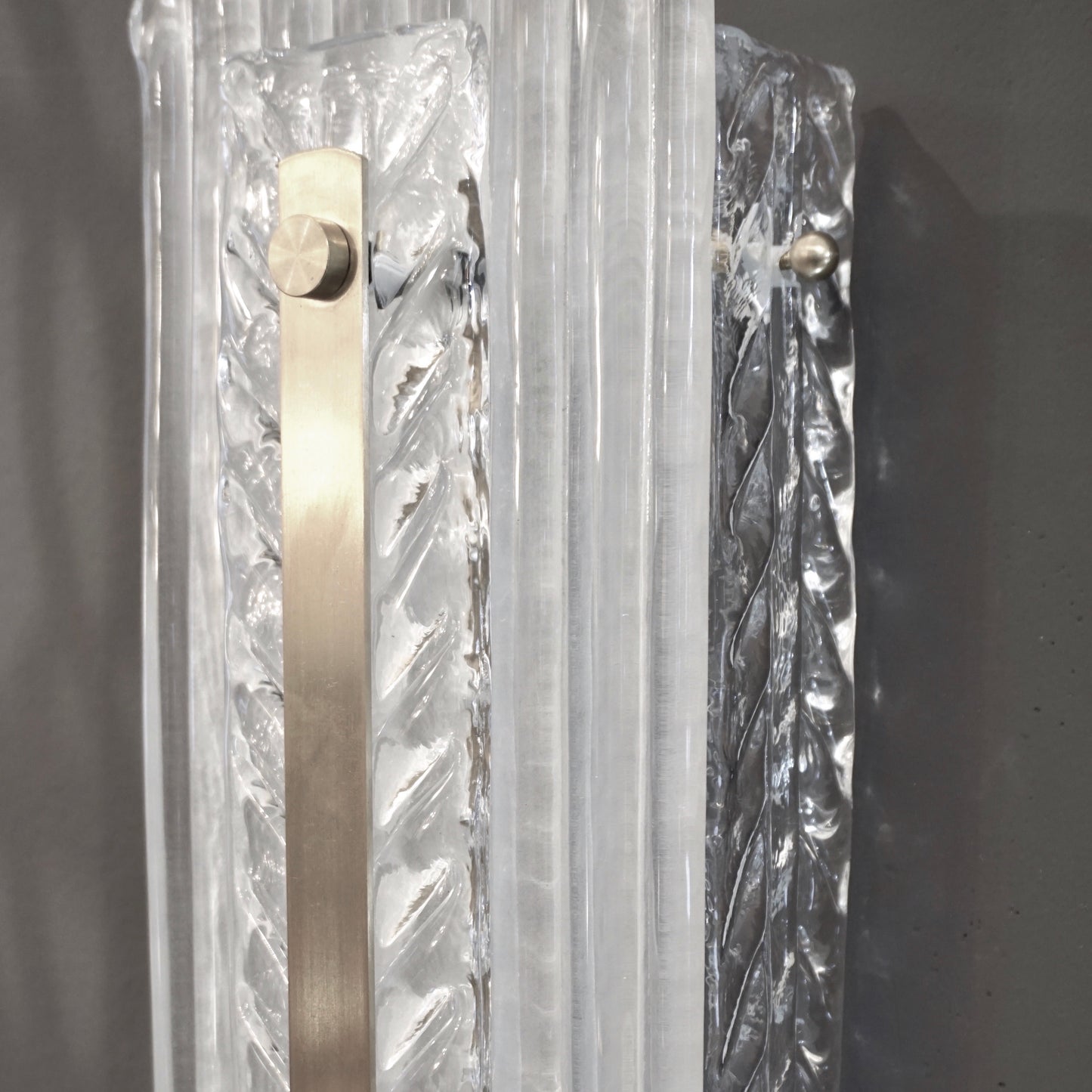 Italian Modern Pair Tall White Crystal Leaf Textured Murano Glass Nickel Sconces