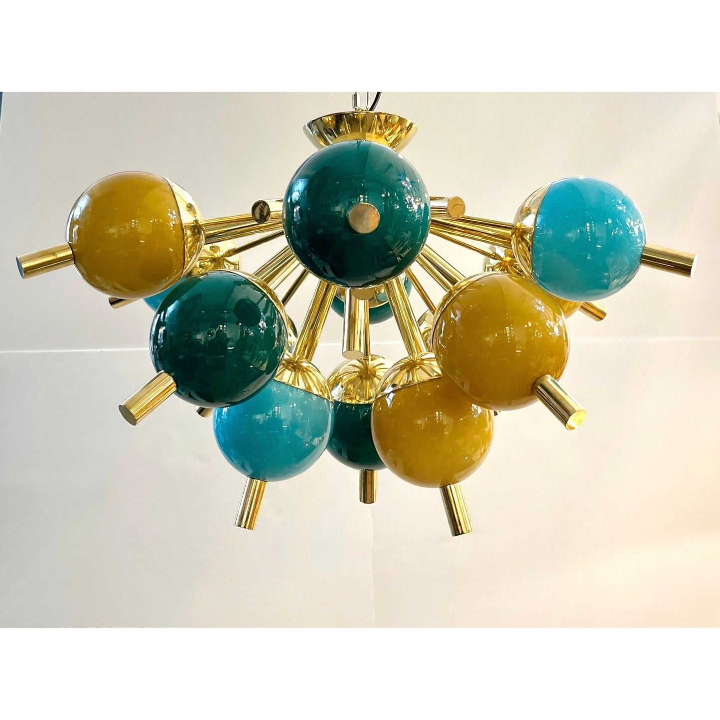 Custom Italian Green Turquoise Gold Murano Glass Brass Sputnik Globe Flush Mount
