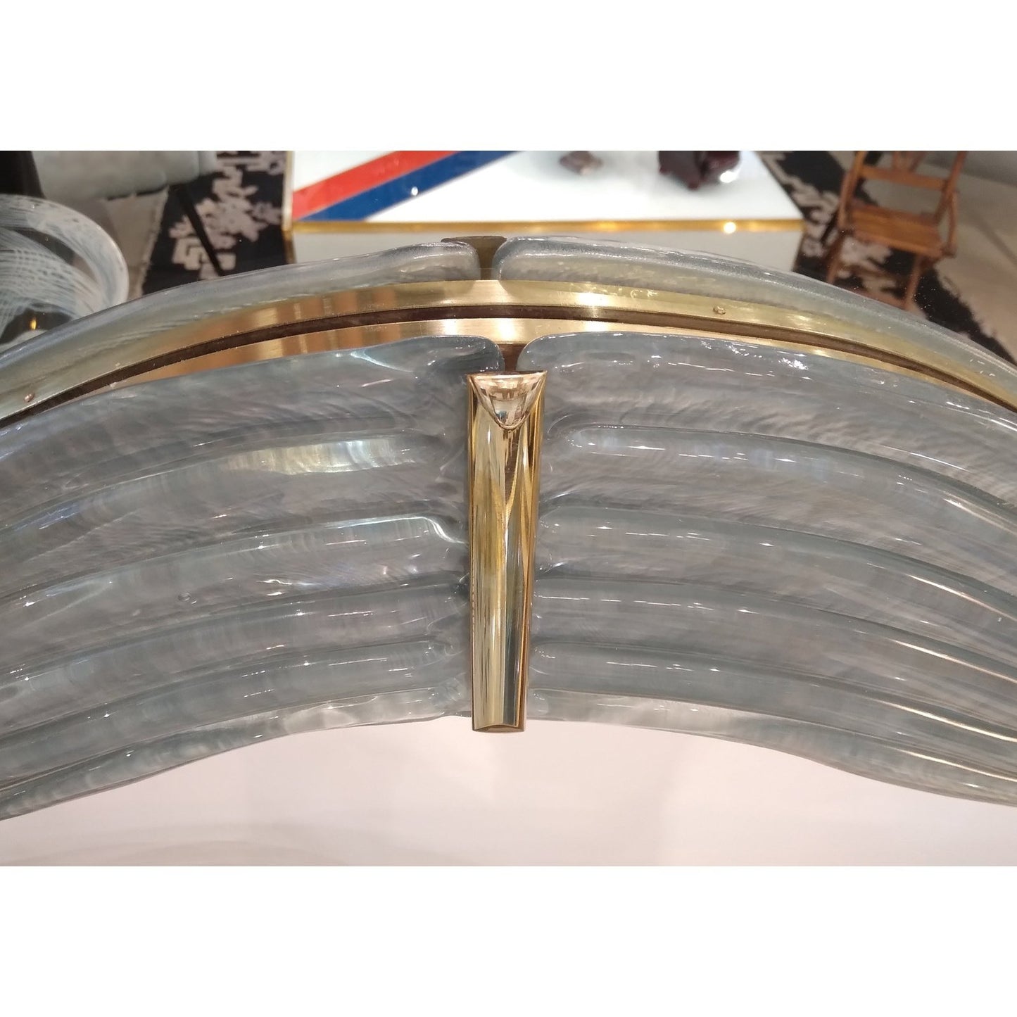 Contemporary Italian Pearl Gray Blue Murano Glass Curved Mirror & Brass Accents