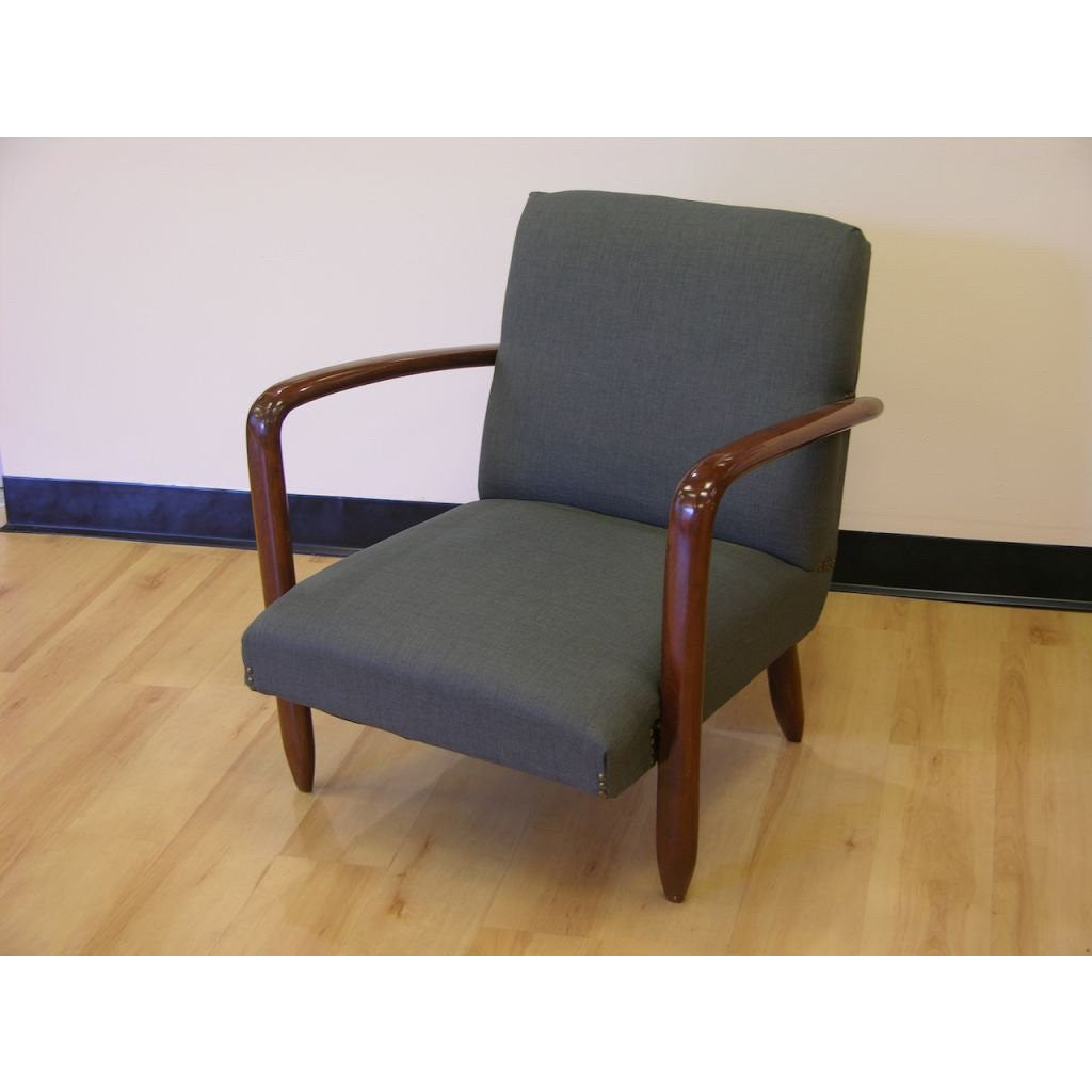 1960s Vintage Walnut Pair of Italian Modern Design Armchairs in Gray Blue Denim - Cosulich Interiors & Antiques