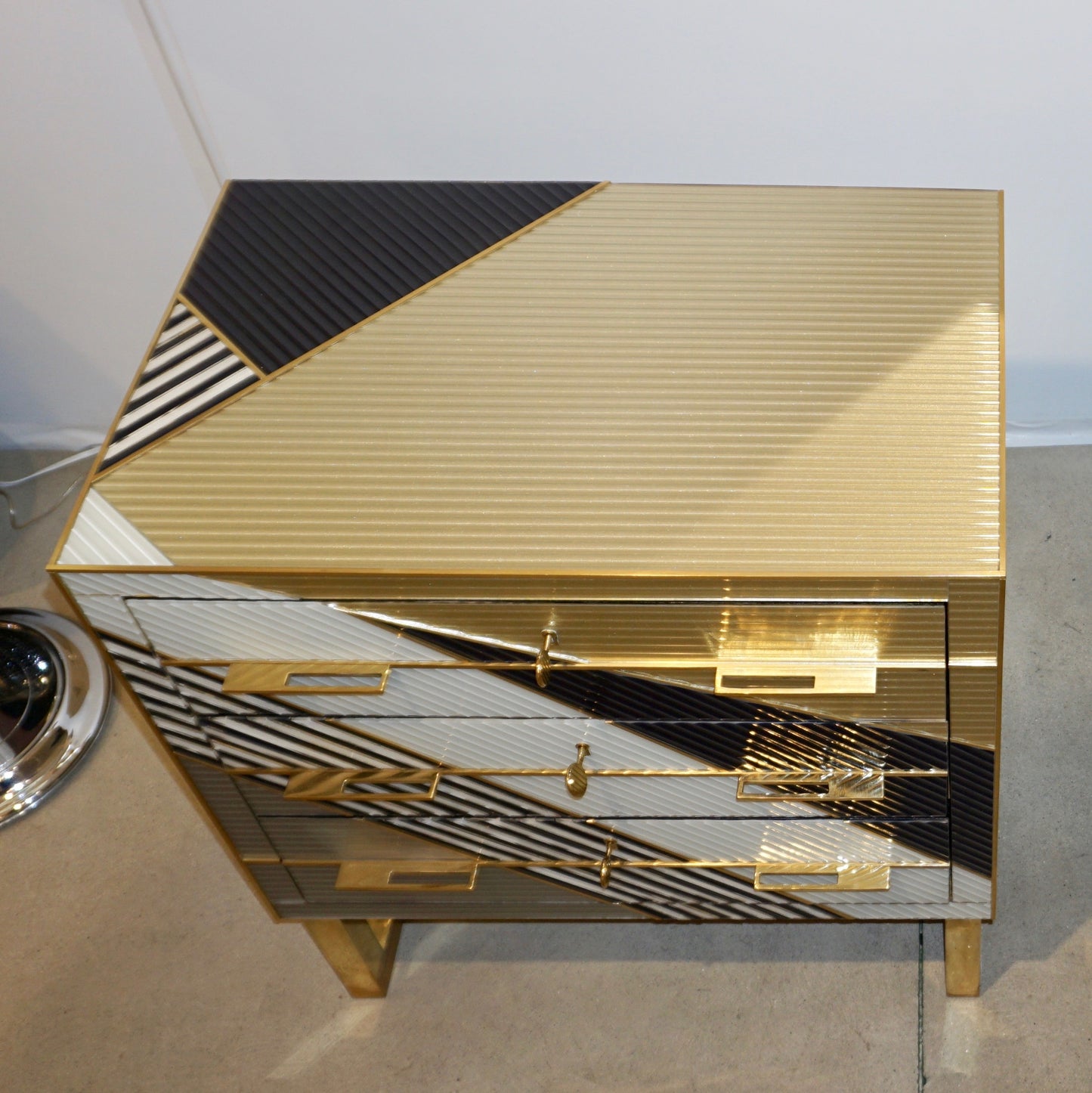 Italian Postmodern Navy Blue Cream Gold Gray Chest/Nightstand on Square Brass Legs