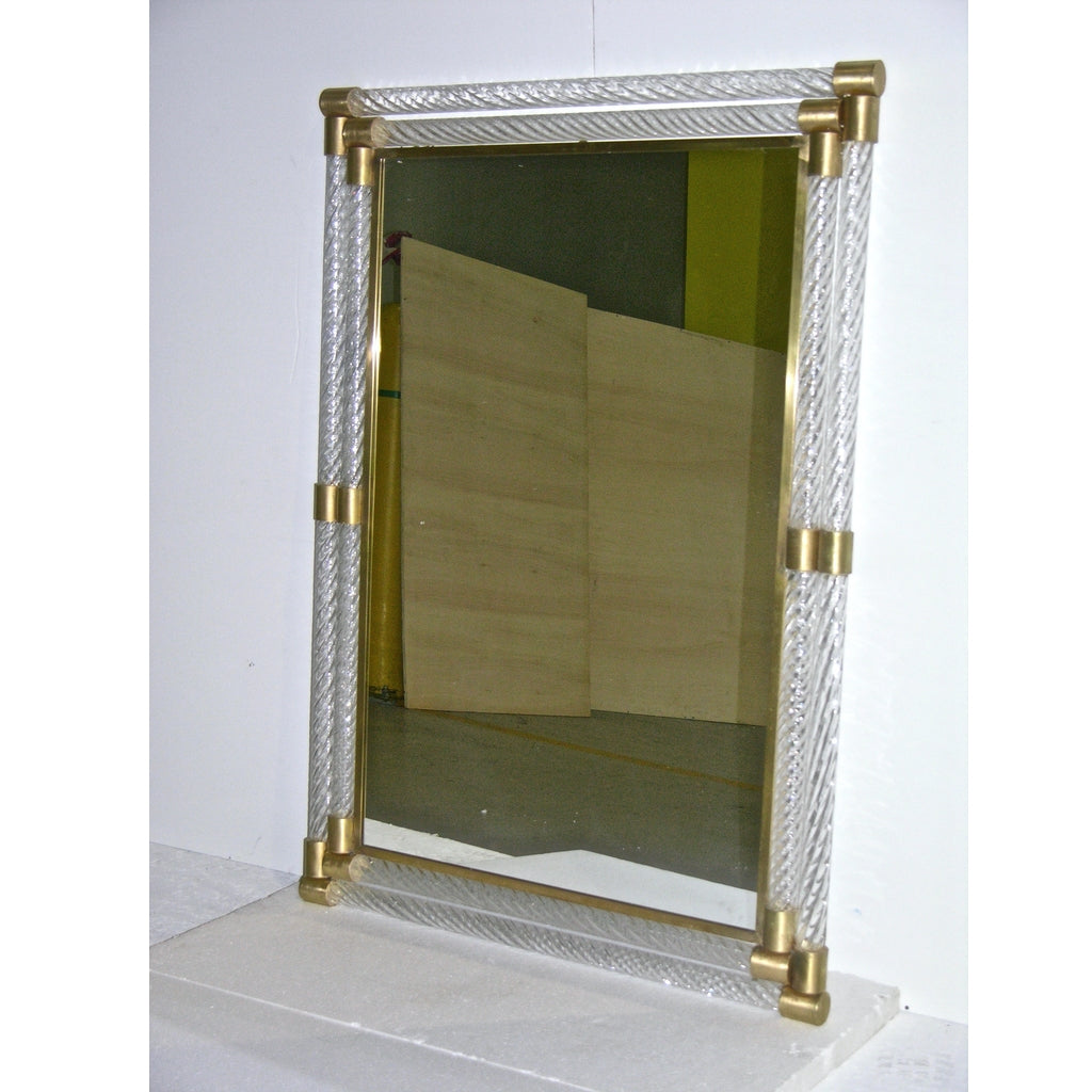 Italian Double Frame Twisted Crystal Murano Glass Mirror with Gold Brass Accents