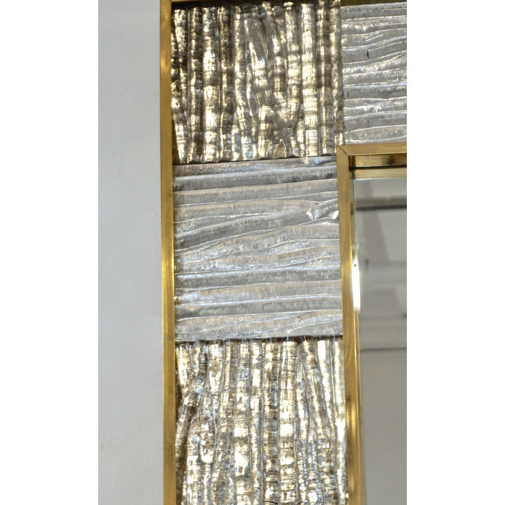 Bespoke Italian Square Silver Leaf Smoked Crystal Murano Glass Brass Tile Mirror