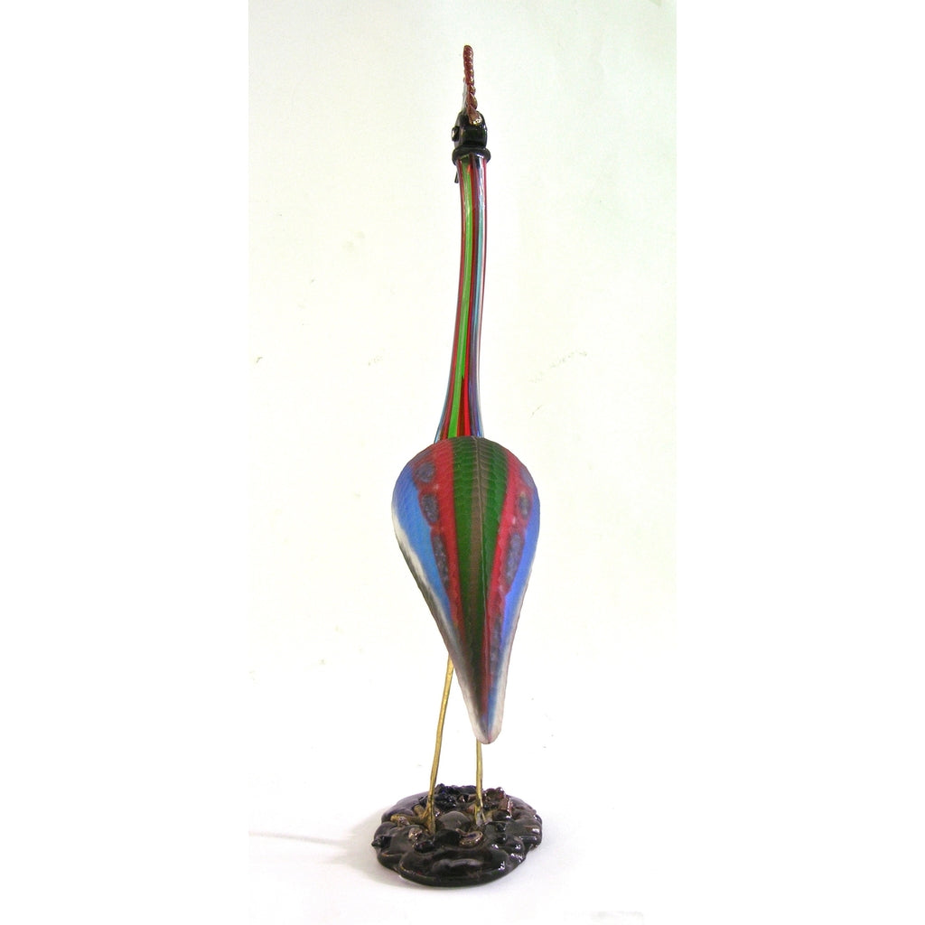 Vintage Italian Tall Red Blue Green White Glass Crested Bird Sculpture