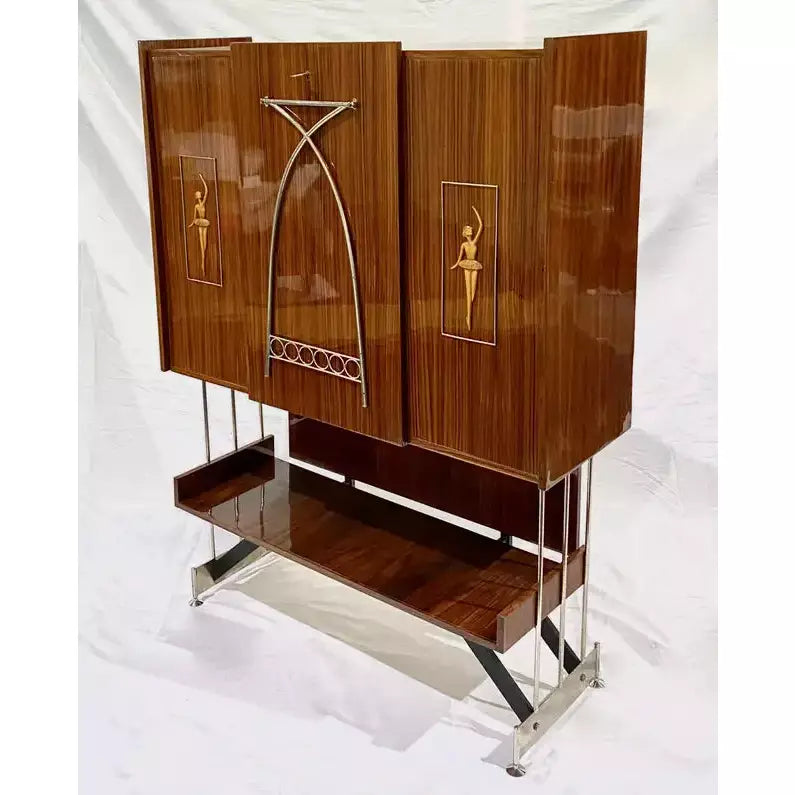 1960s Vittorio Dassi Italian Bar Cabinet with Drop Down Table and Pink Interior