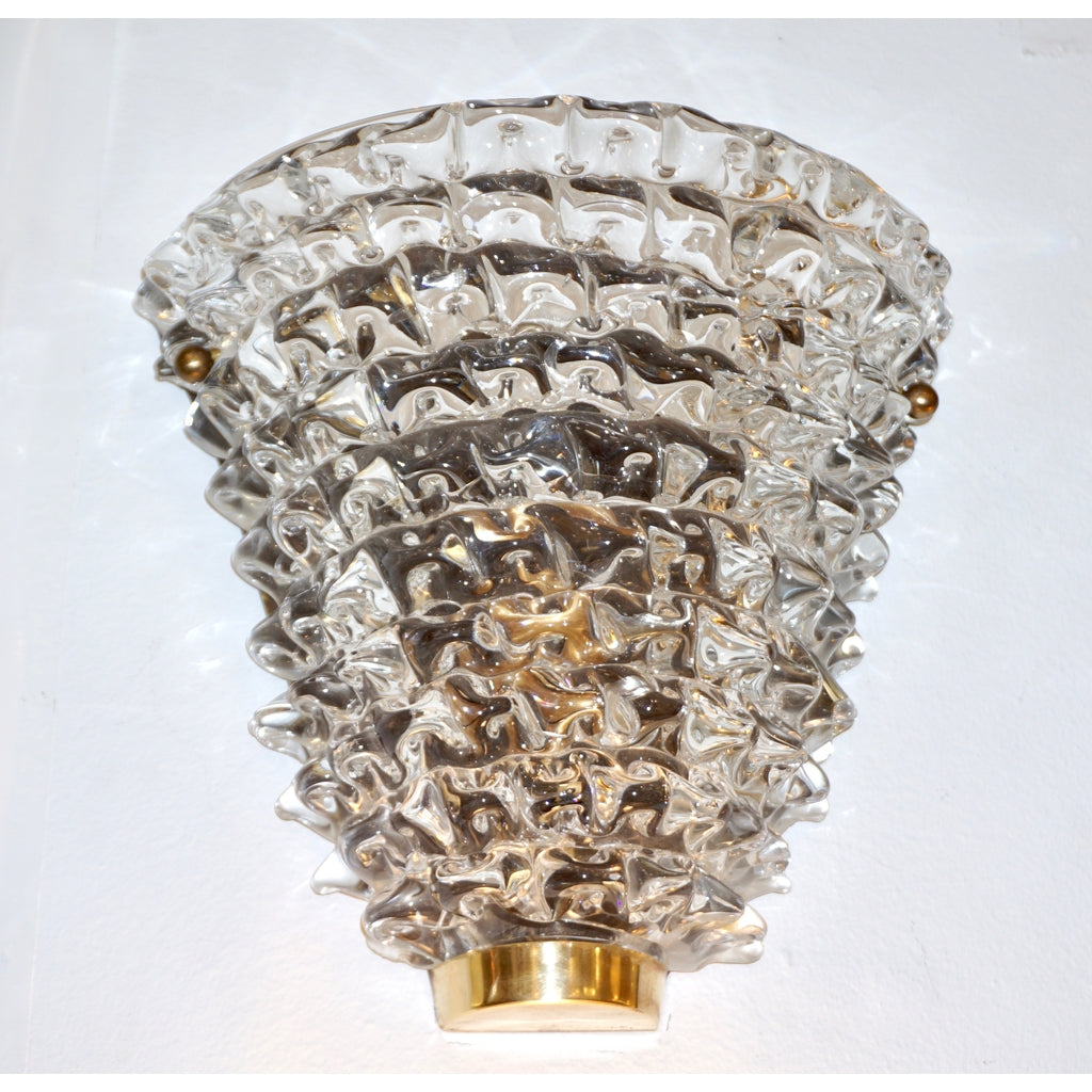 Contemporary Italian Brass & Crystal Rostrato Textured Murano Glass Sconces