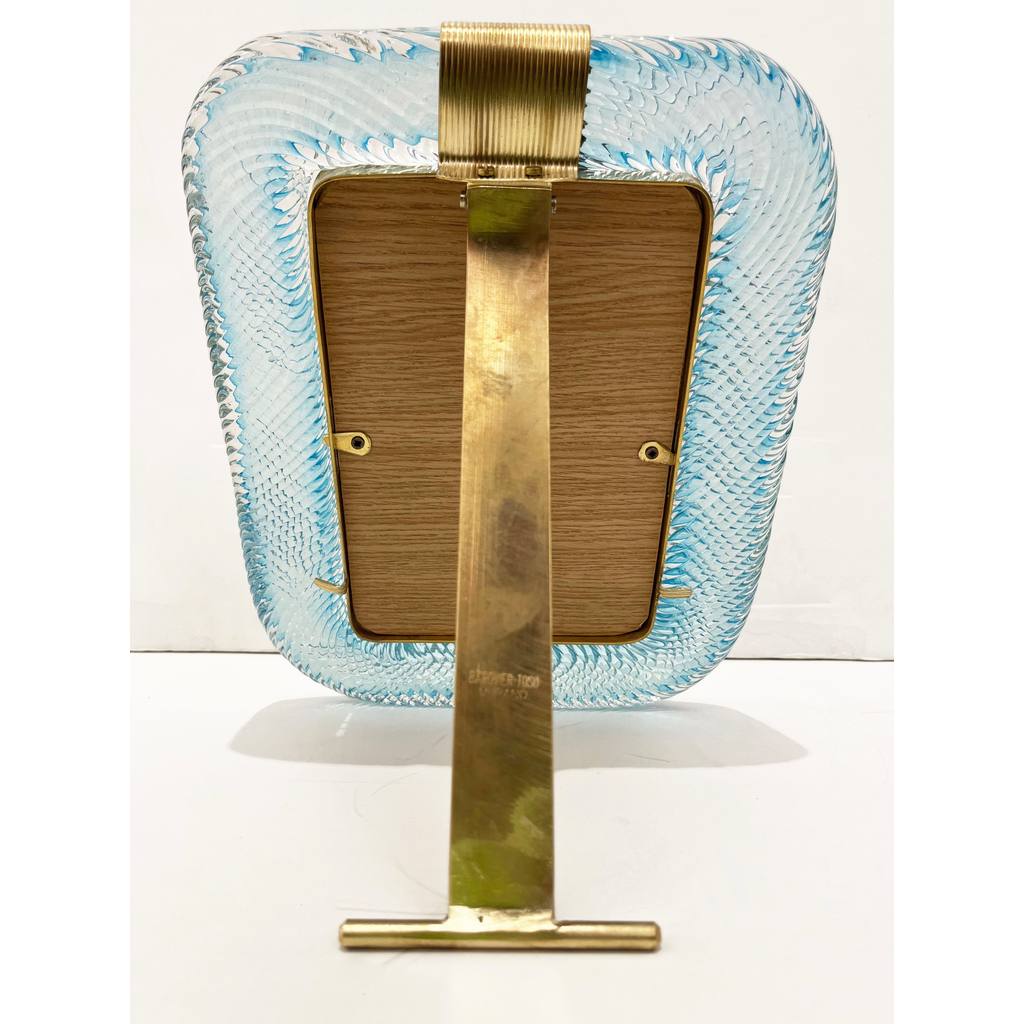 2000s Barovier Toso Italian Aquamarine Blue Murano Glass Brass Picture Frame