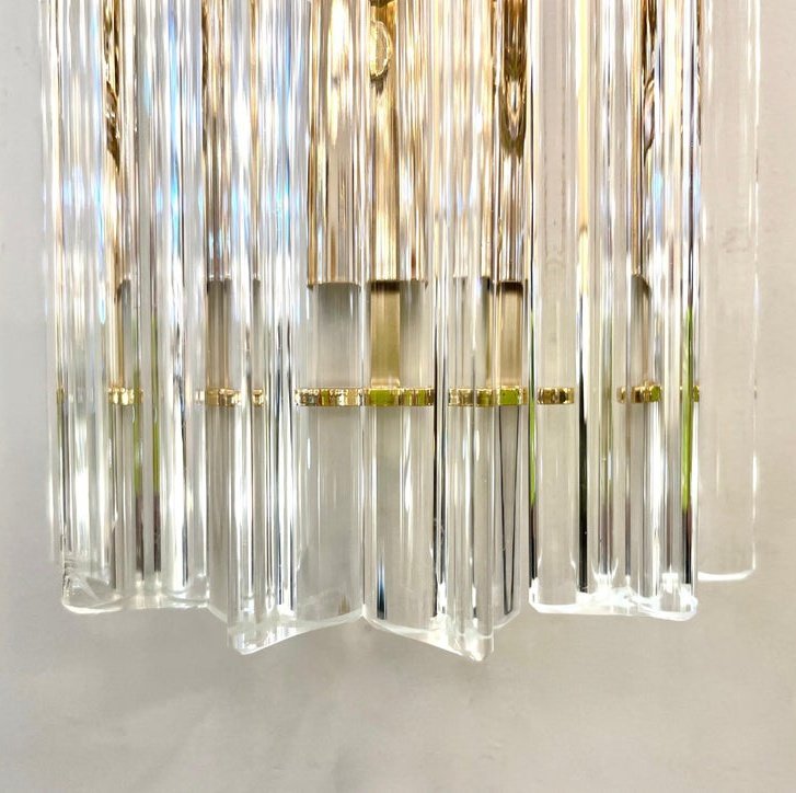 Italian Contemporary Pair of Minimalist Brass Crystal Clear Murano Glass Sconces