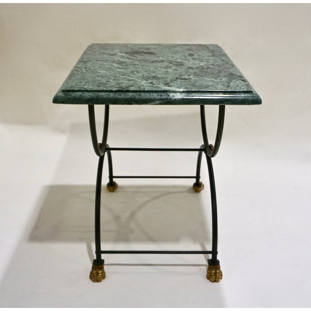 1950s Italian Antique Rustic Gold & Black Iron Green Marble Gueridon Sofa Table