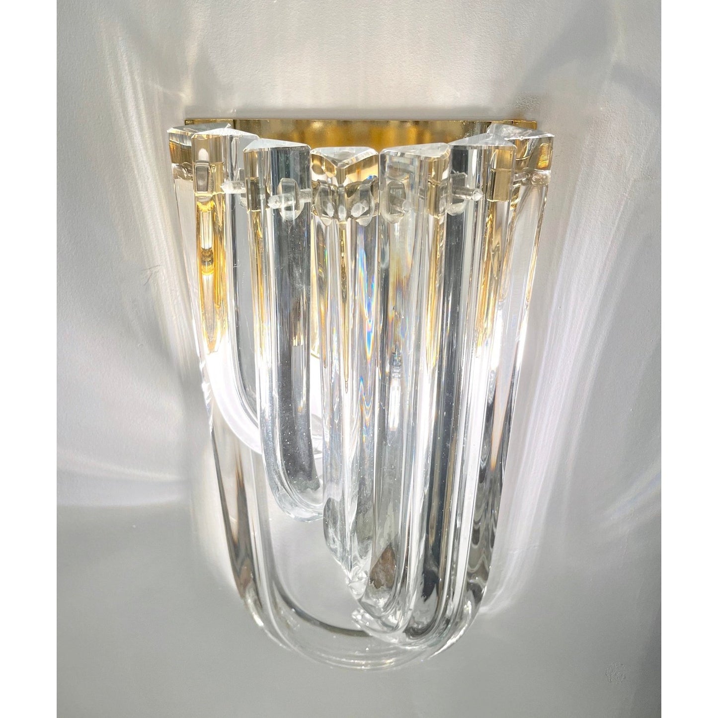 Italian Modern Pair of Translucent Crystal Murano Glass Brass Curved Sconces
