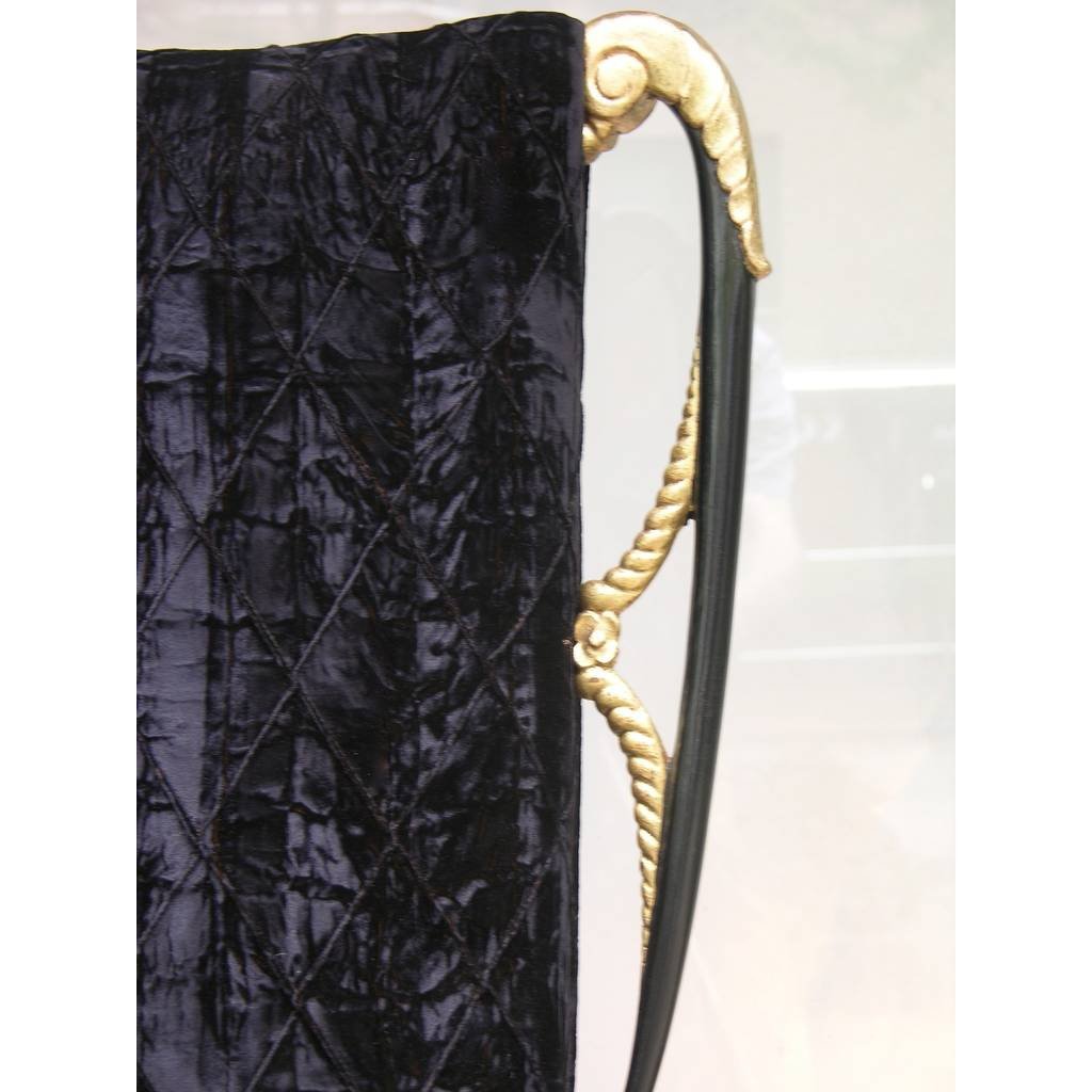 1940s Italian Late Art Deco Pair Gilded Black Lacquered Chairs in Black Velvet