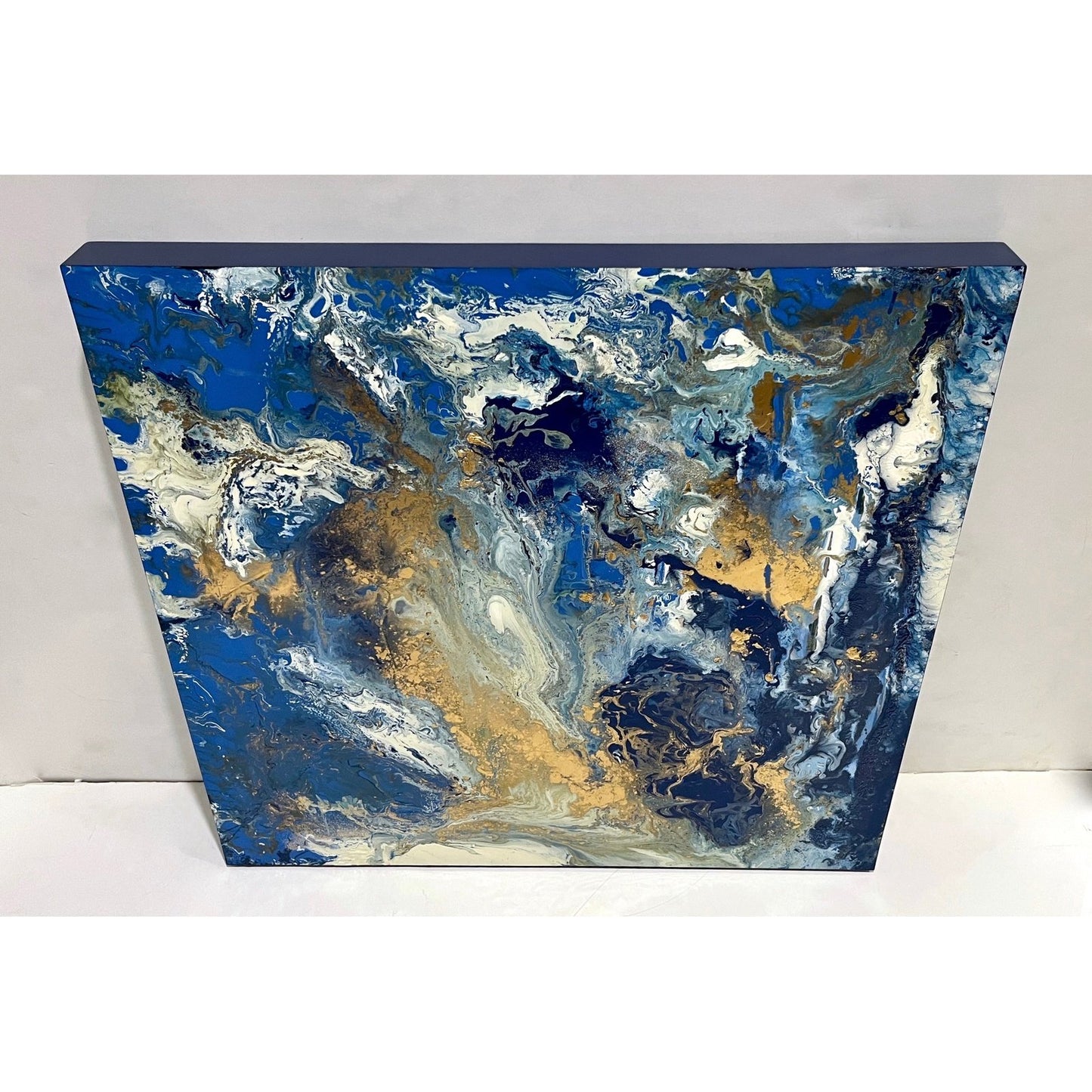 Contemporary Italian Modern Abstract Wall Art White Gold Royal Blue Oil Painting