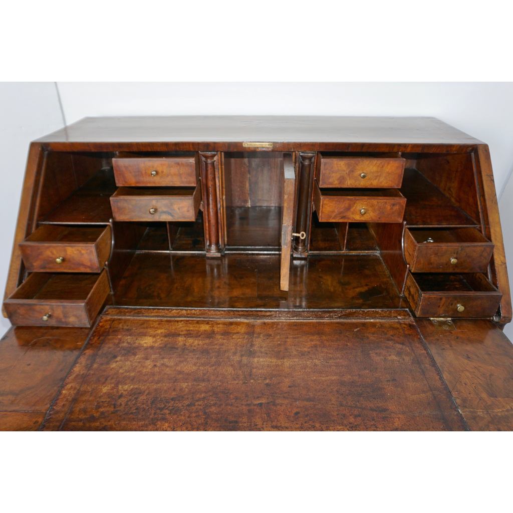Early 18th Century English Walnut Veneered Stepped Interior Georgian Bureau Desk