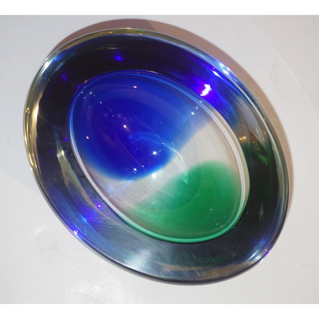 Venini 1970s Italian Murano Glass Geometric Oval Blue Green Murano Glass Bowl