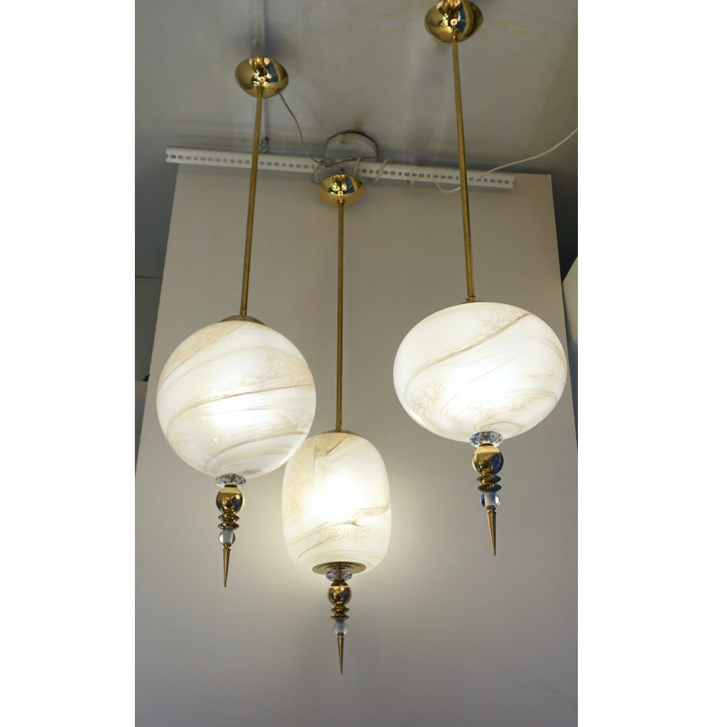 Bespoke Italian Brass and Cream White Alabaster Murano Glass Oval Pendant Light