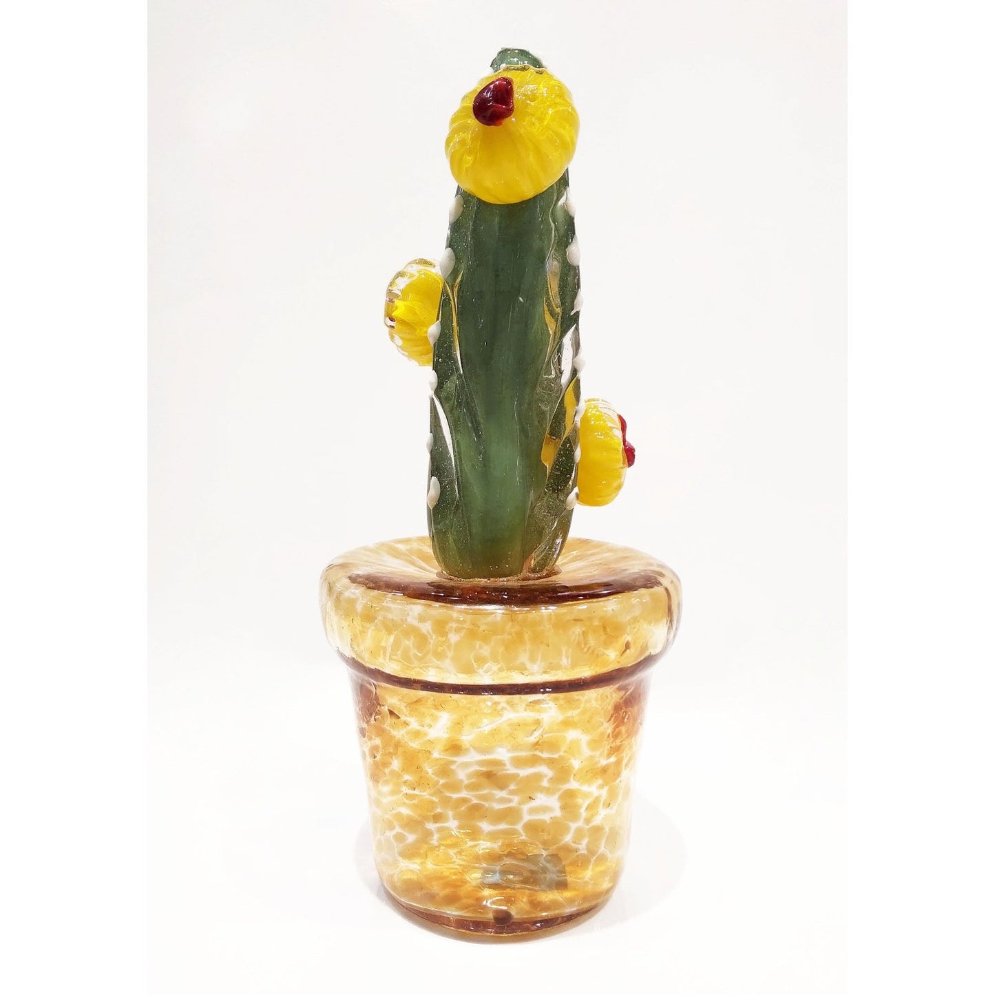 2000s Italian Green Murano Glass Cactus Plant with Yellow Flowers in Gold Pot