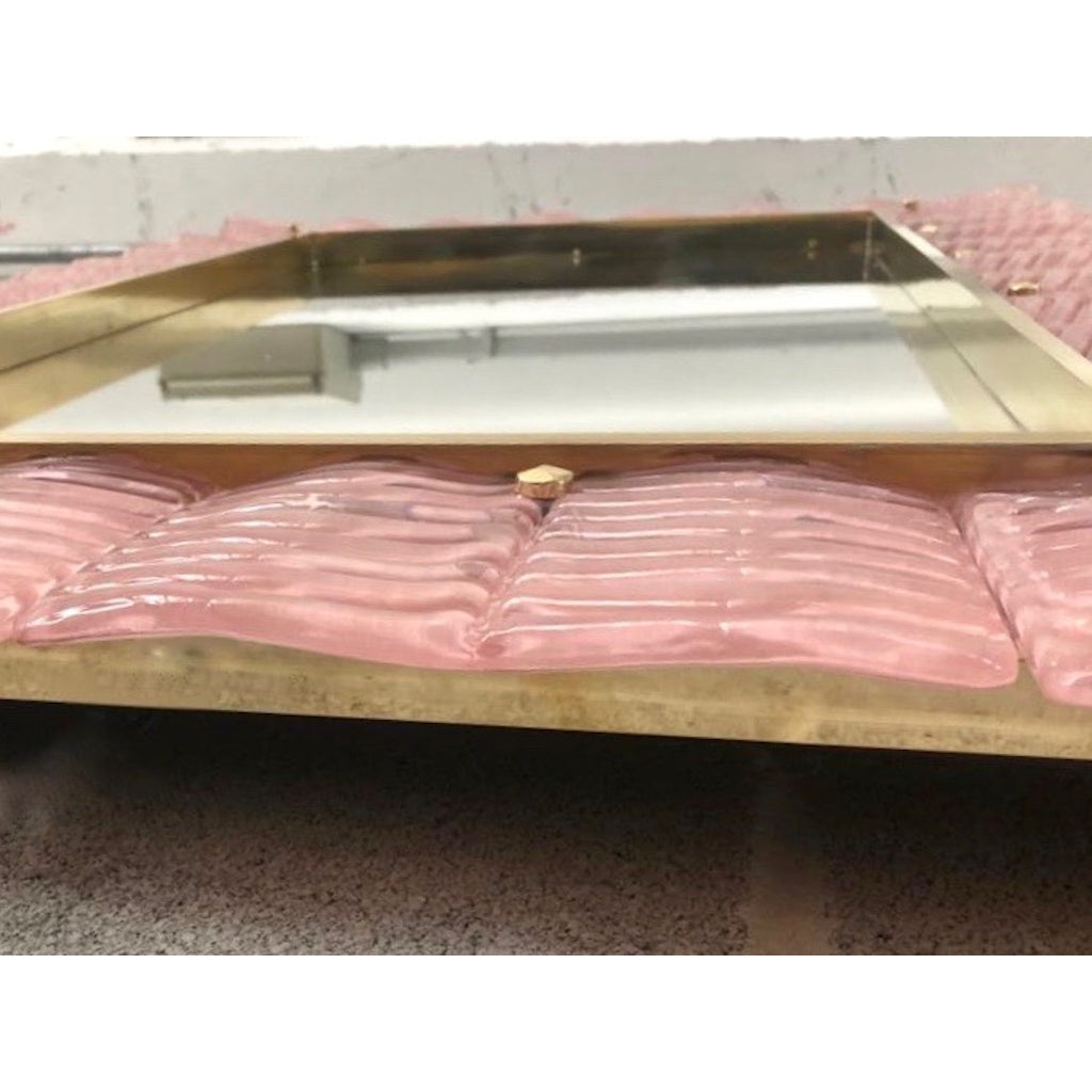 Bespoke Italian Art Deco Design Ruffled Silver Pink Murano Glass Brass Mirror