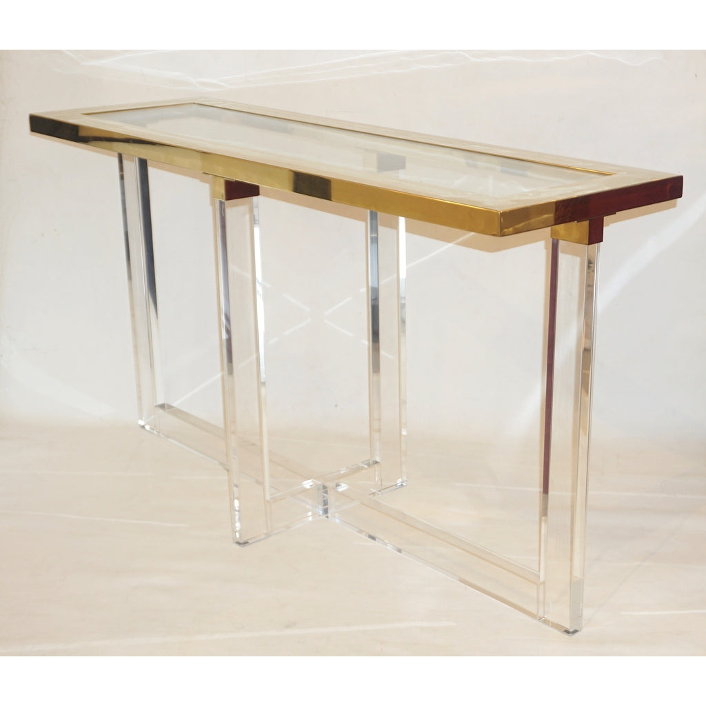 Contemporary Bespoke Modern Geometric Design Clear Lucite and Gold Steel Console