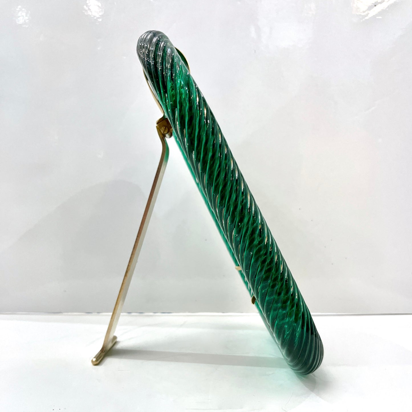 2000s Barovier Toso Italian Dark Hunter Green Murano Glass Brass Picture Frame