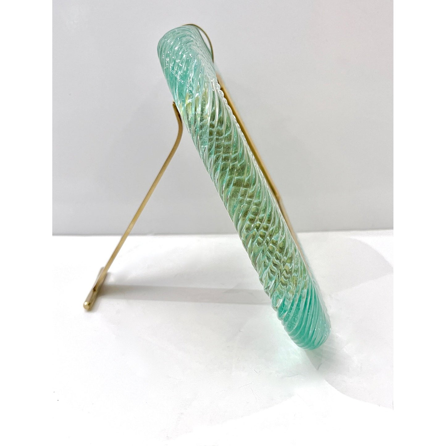 2000s Italian Vintage Aquamarine Blue Twisted Murano Glass & Brass Picture Frame