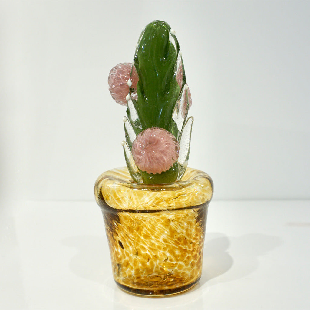 2000s Italian Green Murano Art Glass Cactus Plant with Pink Flowers in Amber Pot