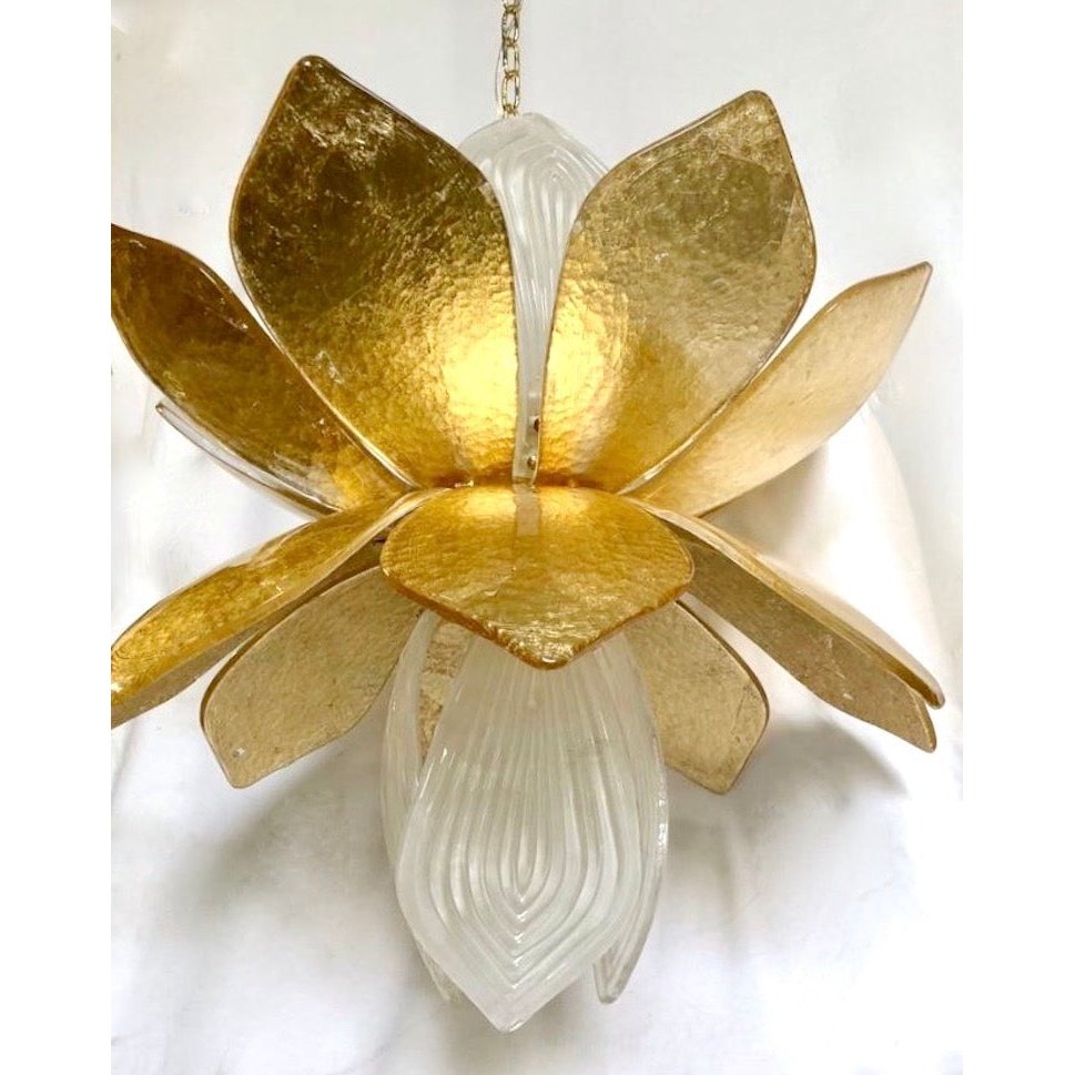 Contemporary Italian Brass Gold Leaf Murano Glass Flower Chandelier Pendant