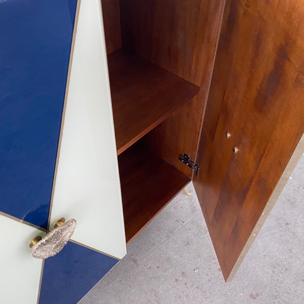 Bespoke Italian Art Design Brass White & Dark Blue Glass 2-Door Highboy Cabinet