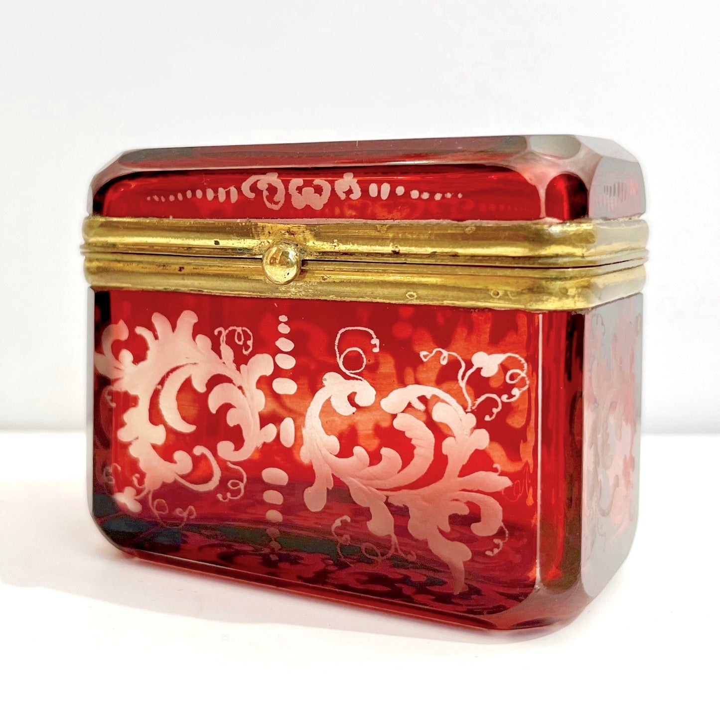 Antique Austrian Hinged Lid Ruby Red Bohemian Engraved Cut Crystal Trinket Box