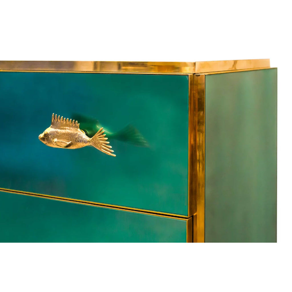 Bespoke Italian Brass Emerald Blue Green Art Glass 9-Drawer Dresser Sideboard